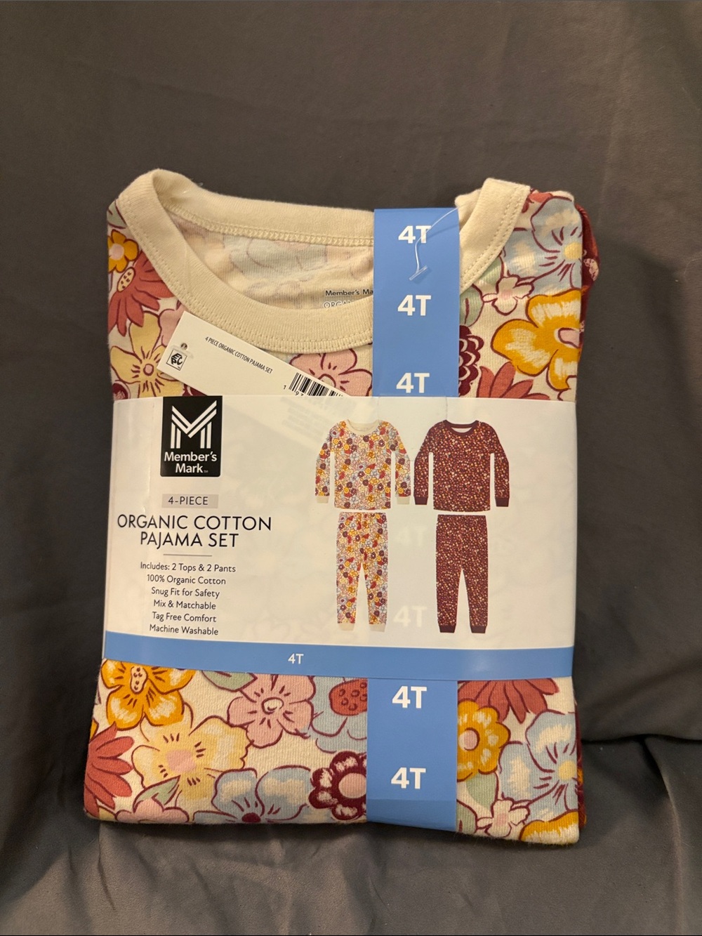 Member's Mark Girls' Floral Organic Cotton Pajama Set, Cream & Pink NWT TR54